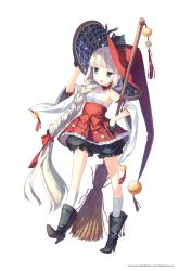 Rule 34 | 1girl, aqua eyes, bare shoulders, boots, braid, broom, cat, detached sleeves, dungeon anywhere, full body, h2so4, hair ribbon, hat, highres, kneehighs, long hair, neck ribbon, ribbon, simple background, socks, solo, white background, white hair