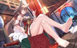 Rule 34 | 1girl, absurdres, animal, animal ears, armpits, bare legs, bare shoulders, barefoot, black dress, breasts, brown hair, crossed legs, detached sleeves, dress, dutch angle, feet, fox, fox ears, fox shadow puppet, fox tail, gradient hair, green eyes, highres, honkai: star rail, honkai (series), indoors, large breasts, long hair, looking at viewer, mirufuaa, multicolored hair, no shoes, ponytail, sitting, sleeveless, sleeveless dress, smile, soles, solo, tail, thighs, tingyun (honkai: star rail), toes, wide sleeves