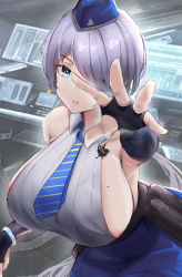 Rule 34 | 1girl, absurdres, black gloves, blue eyes, blue necktie, blue skirt, bracelet, breasts, brid (nikke), collared shirt, elbow gloves, fingerless gloves, fluffyebi01, from above, gloves, goddess of victory: nikke, grey hair, hair over one eye, highres, huge breasts, jewelry, long hair, looking at viewer, low-tied long hair, microphone, mole, mole on breast, necktie, outstretched hand, pouch, ribbed shirt, shirt, skirt, sleeveless, sleeveless shirt, solo, very long hair, white shirt
