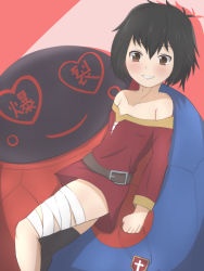 Rule 34 | bandaged leg, bandages, belt, black hair, black legwear, blush, blush stickers, brown belt, clenched hand, commentary, cosplay, crossover, dress, drop shadow, eyepatch, unworn eyepatch, feet out of frame, grin, heart, highres, holding eyepatch, kono subarashii sekai ni shukufuku wo!, looking at viewer, marvel, mecha, megumin, megumin (cosplay), mos (msmosmasa), off-shoulder dress, off shoulder, peni parker, red background, robot, short dress, short hair, single thighhigh, smile, sp//dr, spider-man: into the spider-verse, spider-man (series), spider-verse, symbol-shaped pupils, takahashi rie, thighhighs, voice actor connection