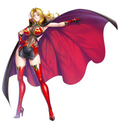 Rule 34 | 1girl, alicia viewstream, armpits, bare shoulders, blonde hair, boots, breasts, cape, curvy, female focus, full body, hand on own hip, highleg, highleg panties, highres, kagami hirotaka, kangoku senkan, kangoku senkan 2, large breasts, lilith-soft, looking at viewer, no bra, panties, parted bangs, red eyes, red thighhighs, see-through, shiny clothes, shiny skin, simple background, skin tight, solo, standing, taimanin (series), taimanin rpgx, thighhighs, thighs, thong, underwear, white background, wind