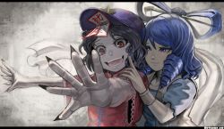 Rule 34 | 2girls, :d, @ @, bare arms, beret, black hair, black nails, blouse, blue eyes, blue hair, blue nails, bracelet, closed mouth, commentary request, drill hair, drill sidelocks, fangs, fingernails, hair ornament, hair rings, hair stick, hat, highres, jewelry, jiangshi, kaku seiga, kurobuta wagyu, letterboxed, looking at another, looking down, medium hair, miyako yoshika, multiple girls, nail polish, ofuda, open mouth, outstretched arms, outstretched hand, red eyes, sharp fingernails, shawl, shirt, short sleeves, sidelocks, smile, spread fingers, star (symbol), swept bangs, tongue, touhou, twitter username, upper body, vest, watermark