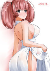 Rule 34 | 1girl, alternate costume, atlanta (kancolle), backless outfit, breasts, brown hair, covered erect nipples, dated, dress, from below, grey eyes, highres, kamiya tadato, kantai collection, large breasts, long hair, looking at viewer, one-hour drawing challenge, sideboob, skirt hold, smile, solo, twitter username, two side up, white background, white dress