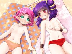Rule 34 | 2girls, arms at sides, bikini, blunt bangs, blush, clenched teeth, closed mouth, collarbone, eyebrows, eyelashes, fae (fire emblem), female focus, fire emblem, fire emblem: the binding blade, fire emblem: the sacred stones, flat chest, from above, gluteal fold, green eyes, looking at another, lying, midorinor, multiple girls, myrrh (fire emblem), navel, nintendo, nipples, on back, open mouth, orange bikini, outdoors, pink hair, pointy ears, polka dot, purple hair, red bikini, red eyes, sand, short hair, side-by-side, stomach, strapless, strapless bikini, sweat, swimsuit, teeth, topless, towel, worried, wristband