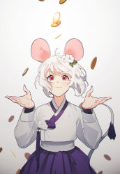 Rule 34 | 1girl, :3, absurdres, ahoge, animal ears, bad id, bad tumblr id, chinese zodiac, closed mouth, coin, commentary, english commentary, falling, floating hair, flower, grey background, hair flower, hair ornament, hands up, highres, long sleeves, looking up, maro (lij512), mouse ears, mouse girl, mouse tail, original, purple ribbon, purple skirt, red eyes, ribbon, shirt, short hair, simple background, skirt, solo, standing, tail, twitter username, white flower, white hair, white shirt, year of the rat