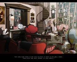 Rule 34 | 1girl, 2boys, arsene lupin iii, bookshelf, brown theme, child, couch, english text, engrish text, fujiya takao, globe, hard-translated, hat, indoors, jigen daisuke, lupin iii, male focus, multiple boys, necktie, ranguage, red theme, red upholstery, room, roomscape, scenery, spiral staircase, stairs, third-party edit, tms entertainment, translated