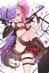 Rule 34 | 1girl, amplifier, armlet, bat wings, black nails, black shorts, boots, bow, bracelet, brown footwear, choker, death queen, earrings, fingerless gloves, fishnets, flat chest, gloves, hair bow, hair ornament, highres, instrument, jacket, jewelry, leather, leather jacket, looking at viewer, microphone, microphone stand, midriff, multicolored hair, nail polish, necklace, official art, open mouth, pink eyes, pink hair, pink skirt, pinky out, purple hair, repi, short shorts, shorts, skirt, skull necklace, soccer spirits, spiked bracelet, spikes, transparent background, wings