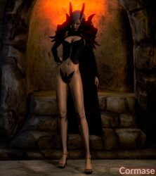 Rule 34 | 1girl, 3d, bare legs, belly, black corset, breasts, cape, cave, cleavage, corset, hand on own hip, high heels, highres, horns, legs, looking at viewer, medium breasts, narrow waist, navel, non-web source, original, pale skin, pink hair, red eyes, self-upload, short hair, shoulder pads, solo, standing