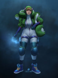 Rule 34 | 1girl, absurdres, alternate costume, apex legends, artist name, blonde hair, blue background, blue eyes, blue footwear, blue gloves, blush, bodysuit, gloves, green jacket, grey bodysuit, highres, holding, holding stuffed toy, jacket, knee pads, looking to the side, nessie (respawn), realistic, shoes, smile, sneakers, solo, stuffed toy, treeink, wattson (apex legends)