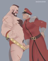 Rule 34 | 2boys, bara, blush, highres, machojuice, male focus, multiple boys, naughty face, pectorals, penis, scar, street fighter, undressing, yaoi