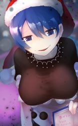 Rule 34 | 1girl, amekosame, bad id, bad twitter id, blue eyes, blue hair, book, breasts, doremy sweet, hat, highres, holding, holding book, large breasts, leaning forward, looking at viewer, matching hair/eyes, nightcap, one-hour drawing challenge, pom pom (clothes), short hair, smile, solo, text focus, touhou, translation request, upper body