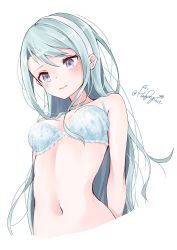 Rule 34 | 1girl, asymmetrical bangs, bra, breasts, cropped torso, haggy, highres, kantai collection, long hair, looking down, purple eyes, sagiri (kancolle), signature, silver hair, simple background, small breasts, solo, swept bangs, underwear, underwear only, upper body, white background, white bra