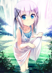 Rule 34 | 1girl, alternate hairstyle, backlighting, bare shoulders, blue bra, blue eyes, blue panties, blush, bra, breasts, child, clothes lift, collarbone, dress, dress lift, embarrassed, flat chest, frilled panties, frills, gochuumon wa usagi desu ka?, hair ornament, hair tie, kafuu chino, lace, lace-trimmed panties, lace trim, long hair, looking at viewer, low twintails, nature, nose blush, outdoors, panties, revision, see-through, sidelocks, silver hair, small breasts, solo, sparkle, sparkling eyes, sundress, thigh gap, training bra, twintails, underwear, wading, water, wet, wet clothes, wet hair, white dress, x hair ornament, yan (nicknikg)