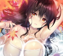 Rule 34 | 1girl, :d, arm up, armpits, autumn leaves, bare shoulders, blush, breasts, brown eyes, cleavage, collarbone, hair between eyes, large breasts, long hair, looking at viewer, lying, naked towel, on back, open mouth, original, partially submerged, sanshoku amido, sidelocks, smile, solo, towel, water, wet
