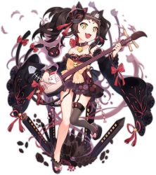 Rule 34 | 1girl, :3, :d, animal ears, ark order, bachi, bare shoulders, bell, black choker, black footwear, black hair, black kimono, black thighhighs, bow, cat ears, cat mask, choker, detached sleeves, fangs, full body, garter straps, ghost, hair ornament, hair tassel, hip vent, holding, holding instrument, instrument, japanese clothes, jingle bell, kimono, lace, lace-trimmed legwear, lace-trimmed sleeves, lace trim, long sleeves, mask, mask on head, mtyy, multiple tails, music, nail polish, neck bell, nekomata, nekomata (ark order), official art, okobo, open mouth, paw print, pink bow, pink nails, platform clogs, playing instrument, plectrum, print kimono, red bow, rock, sandals, sash, shamisen, short bangs, short eyebrows, single sock, single thighhigh, sleeve bow, smile, socks, solo, tachi-e, tail, tail bow, tail ornament, tassel, tassel hair ornament, temari print, thighhighs, transparent background, twintails, two tails, v-shaped eyebrows, wide sleeves, yellow bow, yellow eyes, yellow sash