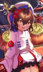 Rule 34 | 1girl, absurdres, ahoge, azur lane, beret, blush, bristol (azur lane), bristol (tales from the empery) (azur lane), brown hair, bubble, chinese new year, flower, hair between eyes, hat, highres, lantern, looking at viewer, official alternate costume, open mouth, rooby n, short hair, sitting, solo, teeth, yellow eyes