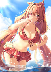 Rule 34 | 1girl, absurdres, alternate hairstyle, animal ears, bad id, bad pixiv id, bare shoulders, bikini, bikini skirt, blue sky, blush, bow, breasts, brown hair, cleavage, cloud, collarbone, commentary request, daiwa scarlet (trifle vacation) (umamusume), daiwa scarlet (umamusume), day, embarrassed, hair bobbles, hair bow, hair ornament, highres, horse ears, horse girl, l325j, large breasts, long hair, looking at viewer, low twintails, official alternate costume, official alternate hairstyle, outdoors, partially submerged, red bikini, red bow, red eyes, sky, solo, swimsuit, twintails, umamusume, very long hair