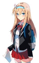 Rule 34 | 1girl, alternate costume, arms at sides, bad id, bad pixiv id, black jacket, blazer, blonde hair, blue eyes, blush, breasts, closed mouth, collared shirt, cropped legs, eyes visible through hair, girls&#039; frontline, hair between eyes, hair ornament, hairband, hairclip, highres, holding, holding paper, jacket, long hair, long sleeves, looking at viewer, medium breasts, open clothes, open jacket, paper, pleated skirt, red ribbon, red skirt, resolution mismatch, ribbon, shirt, sidelocks, simple background, skirt, snowflake hair ornament, solo, source smaller, suomi (girls&#039; frontline), tareme, thighhighs, ururu, white background, white shirt, white thighhighs, zettai ryouiki