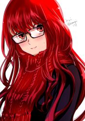 Rule 34 | 1girl, black-framed eyewear, black coat, blush, closed mouth, coat, commentary request, glasses, hair between eyes, highres, komugi (mugiwaraclub), lips, long hair, looking at viewer, persona, persona 5, persona 5 the royal, pink lips, red eyes, red hair, red scarf, red theme, scarf, simple background, smile, solo, spoilers, sweatdrop, twitter username, upper body, very long hair, white background, yoshizawa kasumi