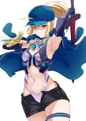 Rule 34 | 10s, 1girl, ahoge, armpits, artoria pendragon (fate), bad id, bad pixiv id, bare shoulders, baseball cap, black gloves, black shorts, blonde hair, blue hat, blue jacket, breasts, covered erect nipples, dual wielding, elbow gloves, fate/extella, fate/extra, fate/grand order, fate (series), fingerless gloves, fingernails, gloves, green eyes, hair between eyes, hair through headwear, hat, himitsucalibur (fate), holding, holding sword, holding weapon, jacket, jacket on shoulders, jirusu, leotard, long hair, medium breasts, mysterious heroine x (fate), mysterious heroine x (third ascension) (fate), navel, rojiura satsuki: chapter heroine sanctuary, short shorts, shorts, sidelocks, simple background, solo, sword, track jacket, weapon, white background