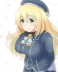 Rule 34 | 1girl, arms behind back, ascot, atago (kancolle), beret, blonde hair, blue hat, breasts, hat, kantai collection, large breasts, long hair, looking at viewer, military, military uniform, sakamoto yuuki, simple background, smile, solo, uniform, upper body, white ascot, white background