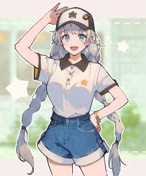 1girl :d arm_behind_head arm_up baseball_cap blue_eyes braid collared_shirt commentary_request cowboy_shot denim denim_shorts grey_hair hand_on_own_hip hat highres kizuna_akari light_blush long_hair looking_at_viewer open_mouth polo_shirt shirinda_fureiru shirt shirt_tucked_in short_shorts short_sleeves shorts smile solo straight-on twin_braids very_long_hair voiceroid white_shirt