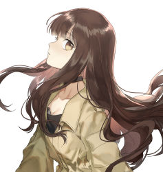 Rule 34 | 10s, 1girl, black shirt, blunt bangs, breasts, brown eyes, brown hair, choker, cleavage, collarbone, fate/extra, fate (series), floating hair, from side, head tilt, hellos, highres, jacket, kishinami hakuno (female), long hair, looking at viewer, parted lips, shirt, simple background, small breasts, solo, upper body, very long hair, white background