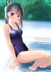 Rule 34 | 1girl, :o, arm support, black hair, blue one-piece swimsuit, blush, breasts, chain-link fence, collarbone, covered navel, day, fence, haoriya chie (minidraco), highres, legs together, looking at viewer, minidraco, new school swimsuit, one-piece swimsuit, one side up, original, outdoors, pool, poolside, purple eyes, school swimsuit, shiny clothes, shiny skin, single sidelock, sitting, small breasts, soaking feet, solo, swimsuit, water, wet