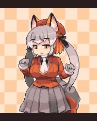 Rule 34 | 1girl, animal ears, animated, blazer, gloves, hat, highres, island fox (kemono friends), jacket, kemono friends, kemono friends v project, long hair, looking at viewer, midoribox, video, necktie, open mouth, pixel art, school uniform, shirt, shoes, silver hair, simple background, skirt, smile, solo, tail, twintails, very long hair, virtual youtuber
