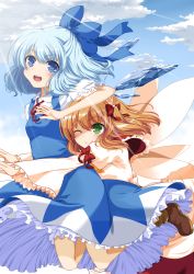 Rule 34 | 2girls, :&gt;, absurdres, ankle boots, arm on own head, blue dress, blue eyes, blue hair, blue sky, boots, cirno, cloud, day, dress, eiyuu (eiyuu04), fairy wings, green eyes, hair ribbon, headdress, highres, hug, hug from behind, juliet sleeves, lens flare, long sleeves, looking at viewer, looking up, multiple girls, one eye closed, open mouth, outstretched arms, puffy sleeves, red hair, ribbon, short sleeves, sky, sunny milk, touhou, wide sleeves, wings