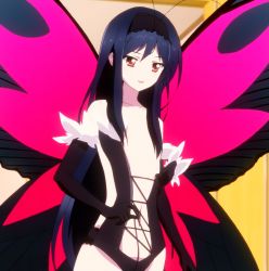 Rule 34 | 10s, 1girl, accel world, antenna hair, black hair, bodysuit, bug, butterfly, butterfly wings, center opening, elbow gloves, flat chest, gloves, hairband, highres, insect, insect wings, kuroyukihime, leotard, long hair, navel, red eyes, screencap, solo, undressing, wings