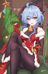 Rule 34 | 1girl, absurdres, ahoge, apple, bare shoulders, black pantyhose, blue hair, boots, christmas, christmas tree, commentary request, dress, elbow gloves, food, fruit, fur-trimmed boots, fur-trimmed dress, fur trim, ganyu (genshin impact), genshin impact, gloves, highres, holding, holding food, holding fruit, horns, indoors, knee up, long hair, looking at viewer, off-shoulder dress, off shoulder, open mouth, pantyhose, purple eyes, red dress, red footwear, red gloves, short dress, sidelocks, sitting, solo, superraiser, thighs