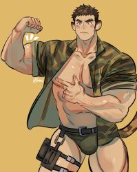 1boy, abs, animal ears, bara, bare pecs, belt, biceps, blush, briefs, brk 603, bulge, camouflage, camouflage jacket, character request, cowboy shot, flexing, grey male underwear, jacket, jaguar boy, jaguar ears, jaguar tail, large pectorals, male focus, male underwear, muscular, muscular male, navel, nipples, no pants, open clothes, open jacket, pointing, pointing at self, pose, short hair, skindentation, solo, stomach, tail, thick thighs, thighs, tokyo houkago summoners, underwear
