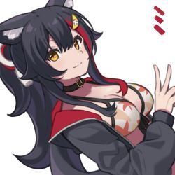 Rule 34 | 1girl, :3, animal ear fluff, animal ears, bikini, bikini under clothes, black choker, black hair, black jacket, breasts, choker, hair ornament, high ponytail, hololive, jacket, large breasts, leaf print, long hair, long sleeves, looking at viewer, multicolored hair, ookami mio, ookami mio (hololive summer 2019), open clothes, open jacket, sidelocks, simple background, solo, streaked hair, swimsuit, upper body, v, virtual youtuber, white background, white bikini, wolf ears, yellow eyes, yomogi uehara