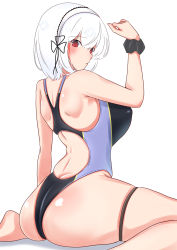 Rule 34 | 1girl, absurdres, alternate costume, ass, azur lane, backless swimsuit, black one-piece swimsuit, breasts, commentary, competition swimsuit, covered erect nipples, feet out of frame, from behind, highleg, highleg swimsuit, highres, huge breasts, looking at viewer, looking back, medium hair, multicolored clothes, multicolored swimsuit, nanohana (november.), one-piece swimsuit, purple one-piece swimsuit, red eyes, scrunchie, shiny skin, sirius (azur lane), solo, swimsuit, thigh strap, two-tone swimsuit, white hair, wrist scrunchie