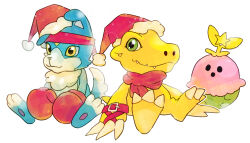 Rule 34 | 1girl, 2boys, absurdres, agumon (digimon savers), christmas, digimon, digimon (creature), gaomon, highres, lalamon, looking at viewer, multiple boys, simple background, white background