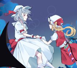 Rule 34 | 2girls, bat wings, blue background, closed mouth, commentary request, crystal wings, fang, flandre scarlet, grey hair, hat, hat ribbon, highres, kanaria (bocmn), long hair, mob cap, multiple girls, one side up, red eyes, red ribbon, red skirt, red vest, remilia scarlet, ribbon, shirt, short hair, short sleeves, siblings, sisters, skin fang, skirt, touhou, vest, white shirt, white skirt, wings