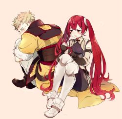 Rule 34 | 1boy, 1girl, bad id, bad twitter id, blonde hair, fingerless gloves, fire emblem, fire emblem awakening, fire emblem fates, gloves, guttary, holding, holding hair, long hair, nintendo, owain (fire emblem), red hair, severa (fire emblem), short hair, simple background, sitting, smile, spiked hair, thighhighs, twintails, very long hair
