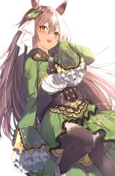 Rule 34 | 1girl, :d, animal ears, black thighhighs, breasts, brown eyes, brown hair, center frills, commentary request, cropped jacket, feet out of frame, frilled sleeves, frills, green jacket, green skirt, hair between eyes, highres, horse ears, jacket, long hair, long sleeves, looking at viewer, medium breasts, open mouth, pleated skirt, sashimi nasu, satono diamond (umamusume), shirt, simple background, skirt, sleeves past fingers, sleeves past wrists, smile, solo, teeth, thighhighs, umamusume, upper teeth only, very long hair, white background, white shirt
