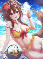 Rule 34 | 1girl, absurdres, animal collar, animal ears, arm support, basket, beach, beach towel, bikini, blue sky, bone, bone hair ornament, bow, braid, breasts, brown hair, cleavage, cloud, collar, collarbone, commentary request, day, dog ears, dog tail, flower, food, hair between eyes, hair flower, hair ornament, hair tie, hairclip, hibiscus, highres, hololive, inugami korone, inugami korone (1st costume), jewelry, long hair, md5 mismatch, medium breasts, nail polish, navel, ocean, onigiri, orange nails, outdoors, paw pendant, paw pose, pendant, picnic, red bow, red collar, red flower, resolution mismatch, revision, sand, shin strap, sitting, sky, source smaller, sparkle, strap slip, sunlight, swimsuit, tail, thighs, towel, twin braids, virtual youtuber, wajuniorbox, water, water drop, yellow bikini