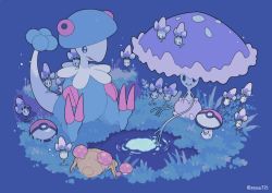 Rule 34 | black eyes, breloom, closed mouth, creatures (company), foongus, game freak, gen 1 pokemon, gen 3 pokemon, gen 5 pokemon, gen 7 pokemon, morelull, mushroom, nintendo, no humans, on head, paras, pokemon, pokemon (creature), pokemon on head, puddle, shiinotic, shuu (ssyuu721), sitting, smile, solid oval eyes, symbol-only commentary, twitter username, water