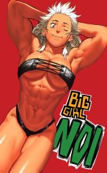 Rule 34 | 1girl, abs, armpits, arms behind head, arms up, biceps, bikini, breasts, cessa, character name, cleavage, cowboy shot, cross-laced bikini, cross-laced clothes, dorohedoro, ear piercing, earrings, jewelry, large breasts, long hair, looking at viewer, muscular, muscular female, noi (dorohedoro), one eye closed, orange eyes, piercing, red background, simple background, smile, solo, strapless, swimsuit, tube top, white hair