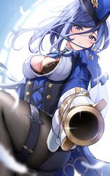 Rule 34 | 1girl, absurdres, adapted costume, aiming, aiming at viewer, blue hair, blue hat, blush, breasts, cape, clorinde (genshin impact), epaulettes, feathers, frills, genshin impact, gloves, gun, handgun, hat, hat feather, highres, holding, holding gun, holding weapon, large breasts, long hair, looking at viewer, pantyhose, pointing gun, purple eyes, solo, thigh strap, uniform, weapon, white gloves, yeni1871