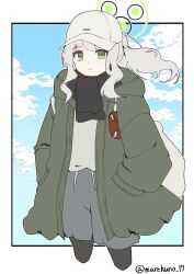 Rule 34 | 1girl, absurdres, black pantyhose, black scarf, blue archive, blush, closed mouth, commentary, cropped legs, green eyes, green halo, green jacket, grey hair, grey skirt, halo, hare (blue archive), hare (camp) (blue archive), hat, highres, hood, hood down, hoodie, jacket, long hair, long sleeves, looking at viewer, mare funo, open clothes, open jacket, pantyhose, ponytail, scarf, skirt, smile, solo, twitter username, white hat, white hoodie