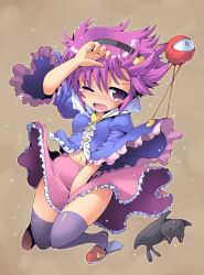 Rule 34 | 1girl, black thighhighs, blush, covering privates, covering crotch, eyeball, falling, hairband, heart, kaenbyou rin, kaenbyou rin (cat), komeiji satori, kurogarasu, navel, one eye closed, open mouth, purple eyes, purple hair, short hair, skirt, slippers, tears, thighhighs, third eye, touhou