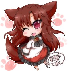 Rule 34 | 1girl, animal ears, bad id, bad pixiv id, blush, brooch, brown hair, chibi, dress, fang, imaizumi kagerou, jewelry, long hair, long sleeves, looking at viewer, noai nioshi, one eye closed, open mouth, red eyes, solo, tail, touhou, wolf ears, wolf tail