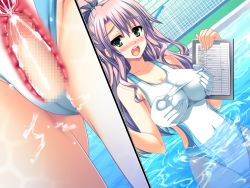 Rule 34 | akaza, censored, cum, grabbing, grabbing another&#039;s breast, henshin 3, living clothes, long hair, notebook, one-piece swimsuit, pen, penis, pool, purple hair, school swimsuit, sex, swimsuit, uterus, water, white one-piece swimsuit, white school swimsuit, x-ray