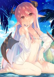 Rule 34 | 1girl, :q, barefoot, bikini, bikini top only, bikini under clothes, bottomless, breasts, brown eyes, cloud, demon girl, demon horns, demon wings, feet, hand to own mouth, highres, horns, long hair, navel, off shoulder, open clothes, open shirt, original, outdoors, pink hair, pointy ears, shirt, sitting, sky, small breasts, smile, solo, swimsuit, takei ooki, thighs, tongue, tongue out, water, white shirt, wings