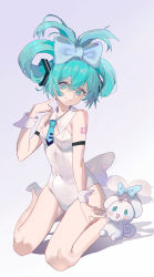 Rule 34 | 1girl, absurdres, aqua eyes, aqua hair, aqua necktie, bare legs, bare shoulders, blue bow, bow, breasts, cinnamiku, cinnamoroll, closed mouth, covered navel, creature, duzizai, ear bow, finger to cheek, full body, hair bow, hair rings, hatsune miku, highres, kneeling, leotard, long hair, looking at viewer, necktie, number tattoo, playboy bunny, sanrio, shoulder tattoo, small breasts, smile, solo, strapless, strapless leotard, tattoo, vocaloid, white leotard, wrist cuffs