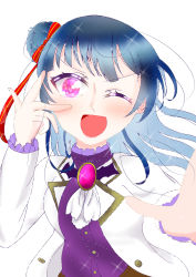 Rule 34 | 1girl, ;), absurdres, artist name, artist request, bat necklace, blue hair, blush, bow, breasts, buttons, cardigan, devil rocker (love live!), dress shirt, female focus, floating hair, gem, gloves, green gemstone, hair bow, hair bun, hair ribbon, highres, jacket, jewelry, long hair, long sleeves, looking at viewer, love live!, love live! school idol festival, love live! school idol festival all stars, love live! sunshine!!, medium breasts, neckerchief, necklace, one eye closed, parted lips, pink eyes, purple detached collar, purple eyes, purple shirt, red bow, red ribbon, ribbon, shirt, side bun, single hair bun, smile, solo, spakers, tsushima yoshiko, upper body, v, v over eye, white background, white cardigan, white gloves, white jacket, white neckerchief